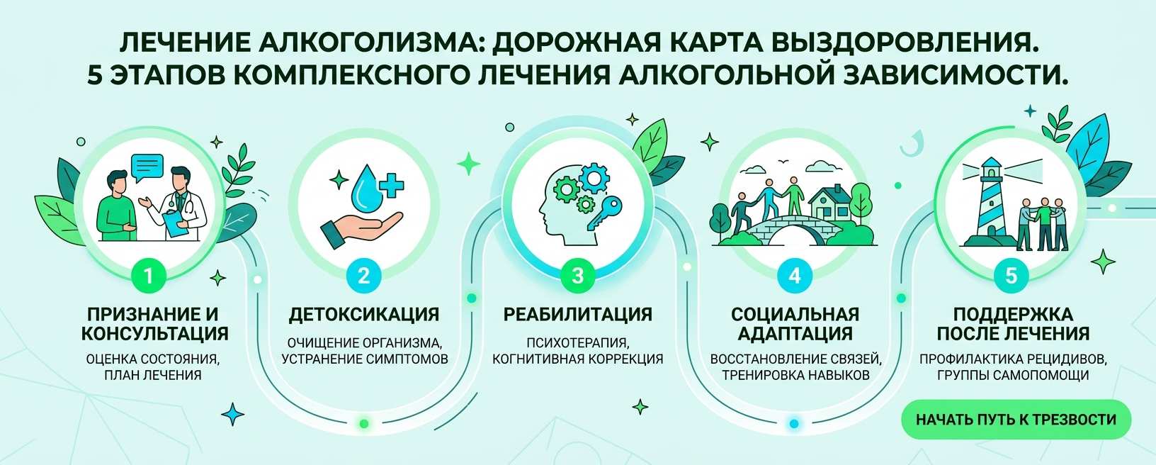 Инфографика «Лечение алкоголизма: дорожная карта выздоровления» с описанием 5 этапов комплексного лечения