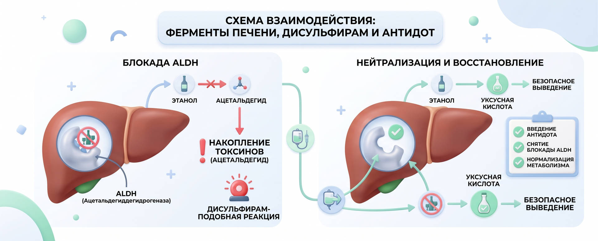 Инфографика «Схема взаимодействия: ферменты печени, дисульфирам и антидот» с этапами блокады ALDH и нейтрализации